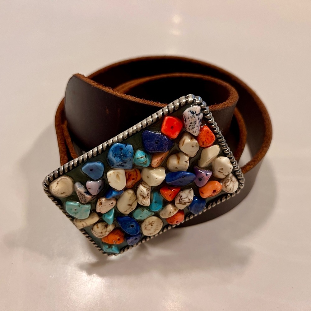 Genuine Brown Leather Belt with custom Art Multicolor Stone Buckle